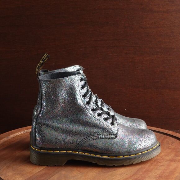 Dr. Martens Combat Boots Womens SZ 8 Gray Iridescent Pascal Lace Up 8 Eye Casual - Picture 1 of 16